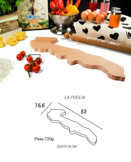 Tagliere in legno a forma di regione Puglia - dimensione 53 x 16.6 - Elga Design